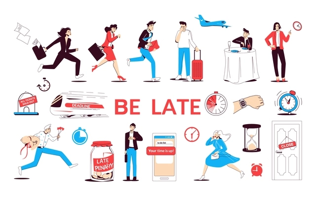 Be late set with flat isolated icons of deadline clocks with people running out of time vector illustration