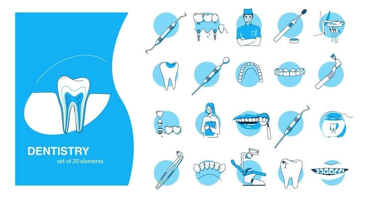 Dentistry set with flat isolated compositions of human mouth teeth with dental tools facilities and text vector illustration