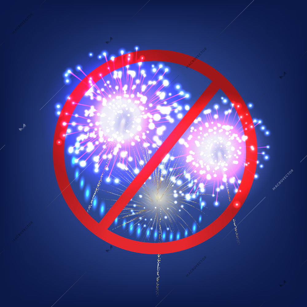 Fireworks forbidden sign realistic composition with view of colorful fire trails and red circle prohibition sign vector illustration