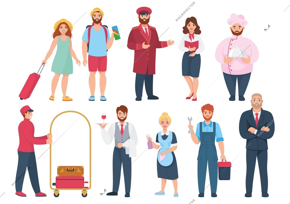 Hotel staff flat set with isolated cute human characters of workers and guests on blank background vector illustration