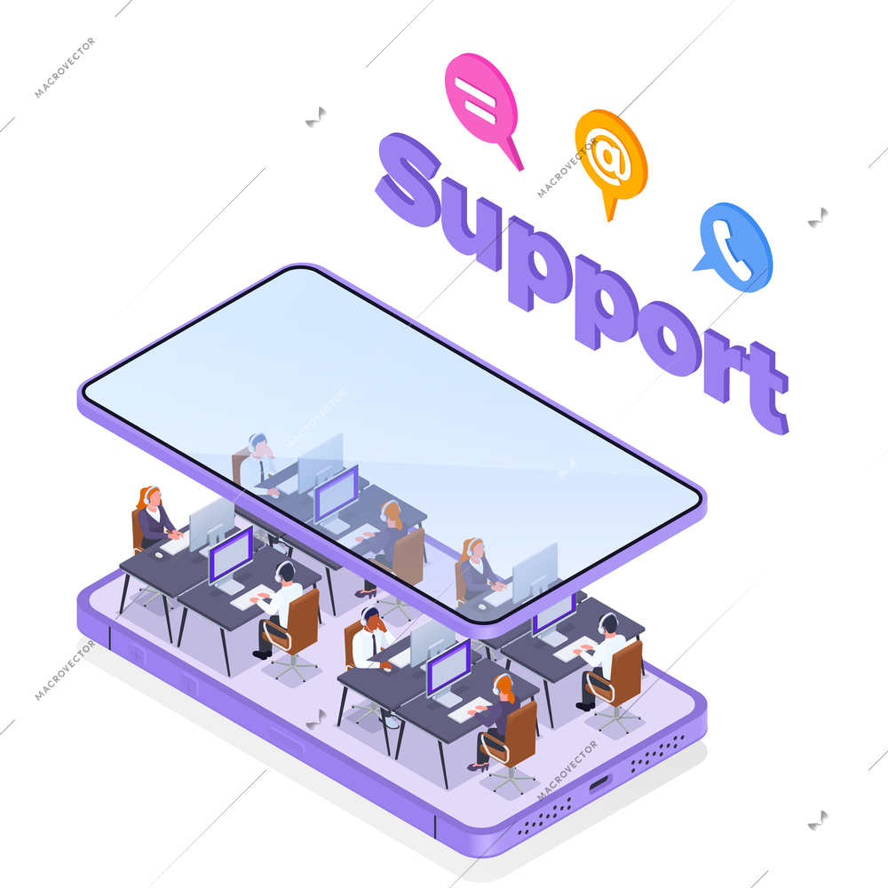 Call center concept with technical support and hotline symbols isometric vector illustration