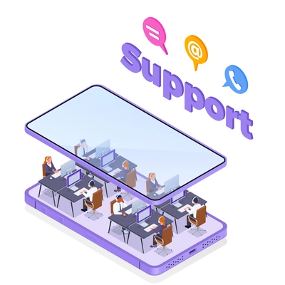 Call center concept with technical support and hotline symbols isometric vector illustration