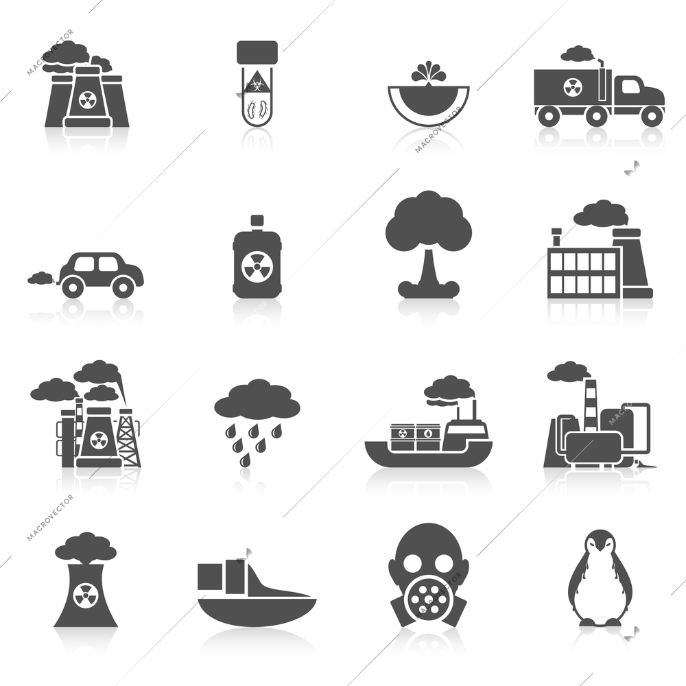 Earth pollution icon black set with plant car machines isolated vector illustration