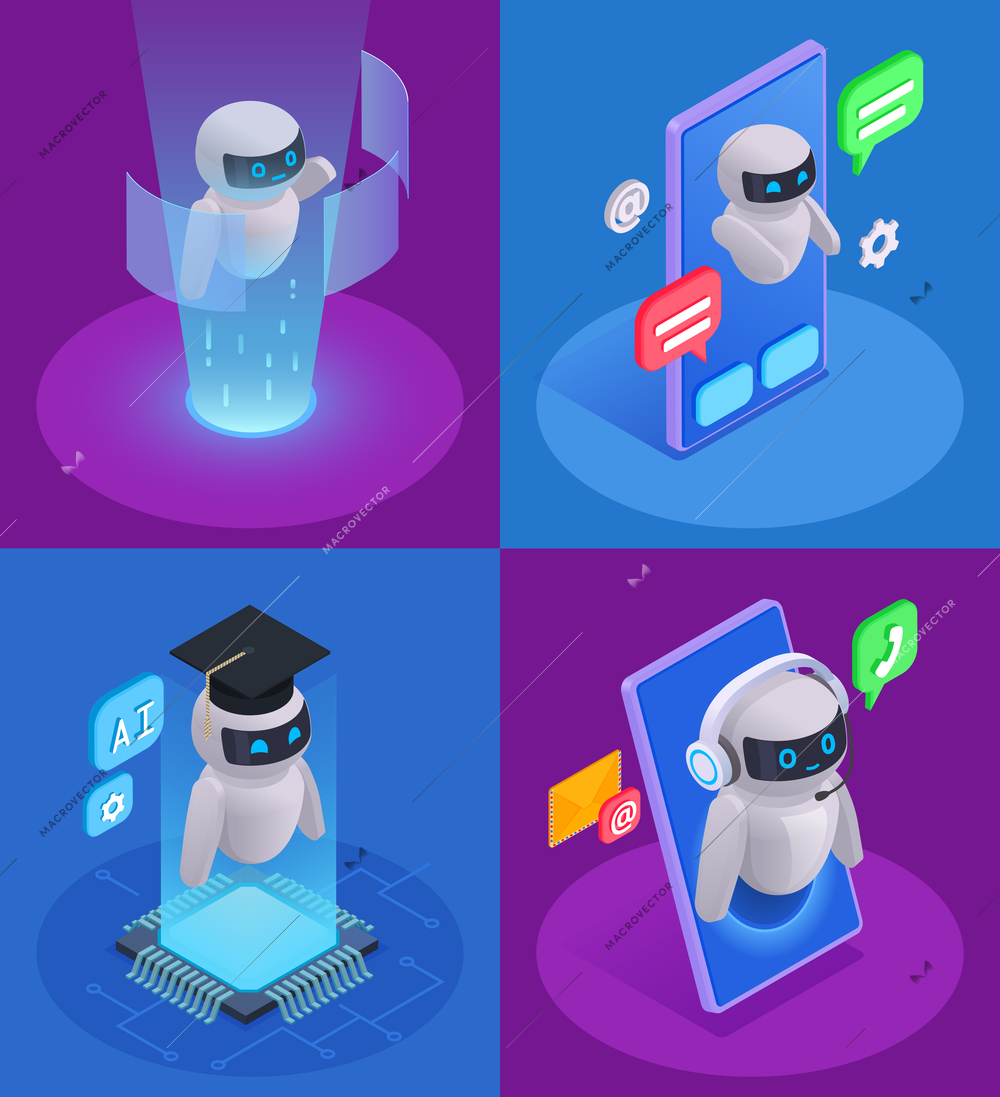 Chatbot messenger design set with technical support symbols isometric isolated vector illustration