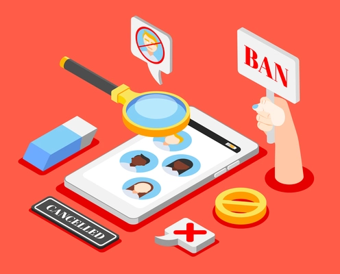 Isometric composition with cancel culture 3d symbols eraser ban prohibition sign on red background vector illustration