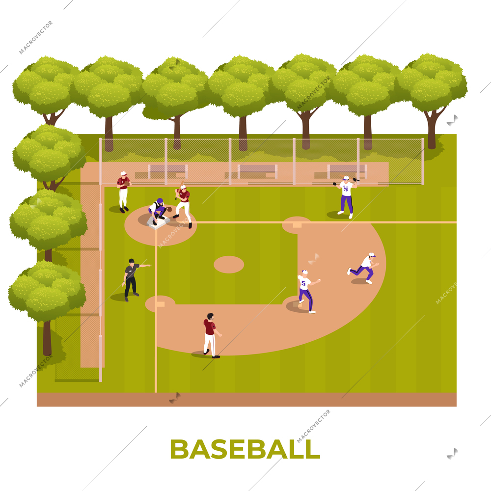 Isometric baseball composition baseball game is played on the field and the players run on the field vector illustration