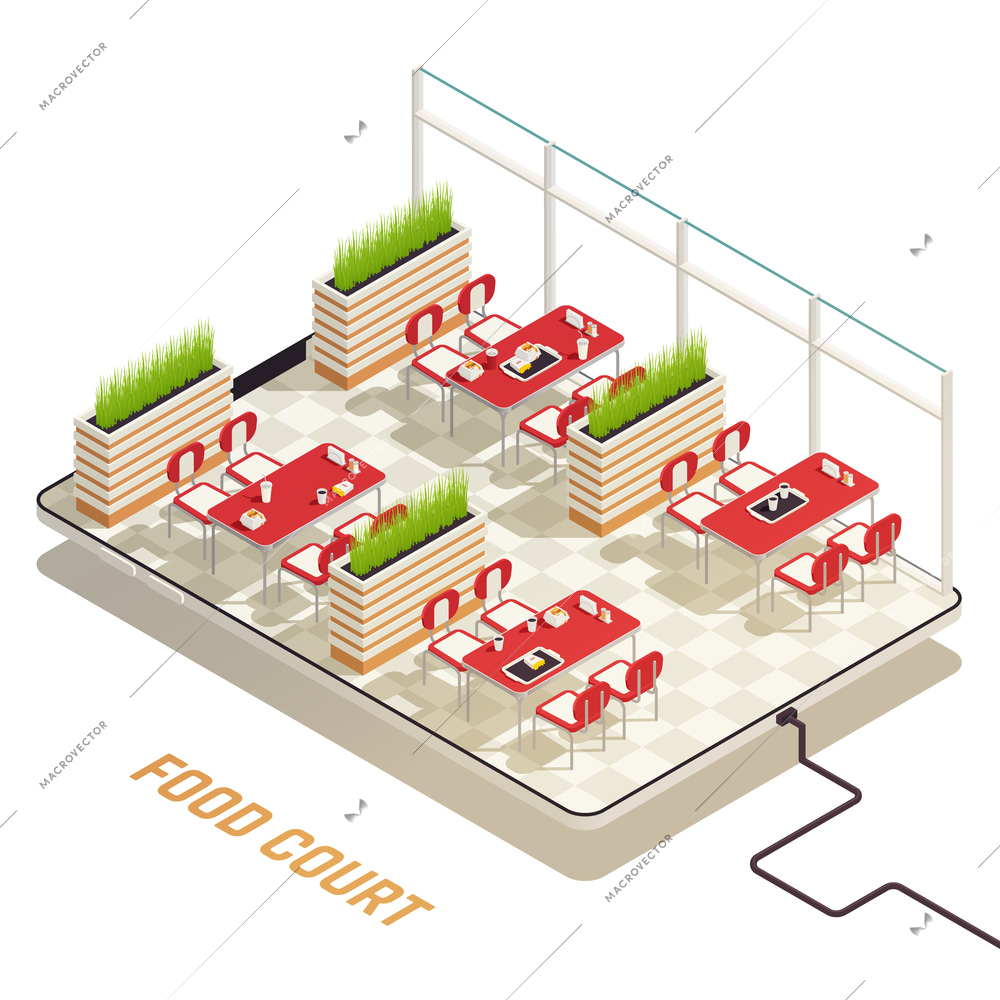 Food court isometric concept abstract 3d composition on tablet with visitor lounge in cafe or shopping mall vector illustration