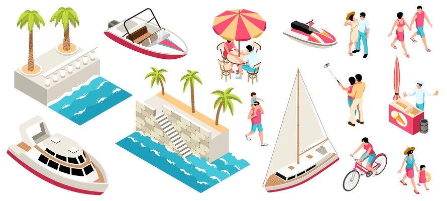 Isometric vacation sea color set of isolated icons with embankment palms sail boats and happy tourists vector illustration