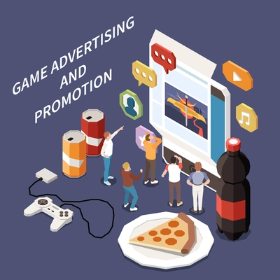 Game development and promotion isometric concept with advertising symbols vector illustration