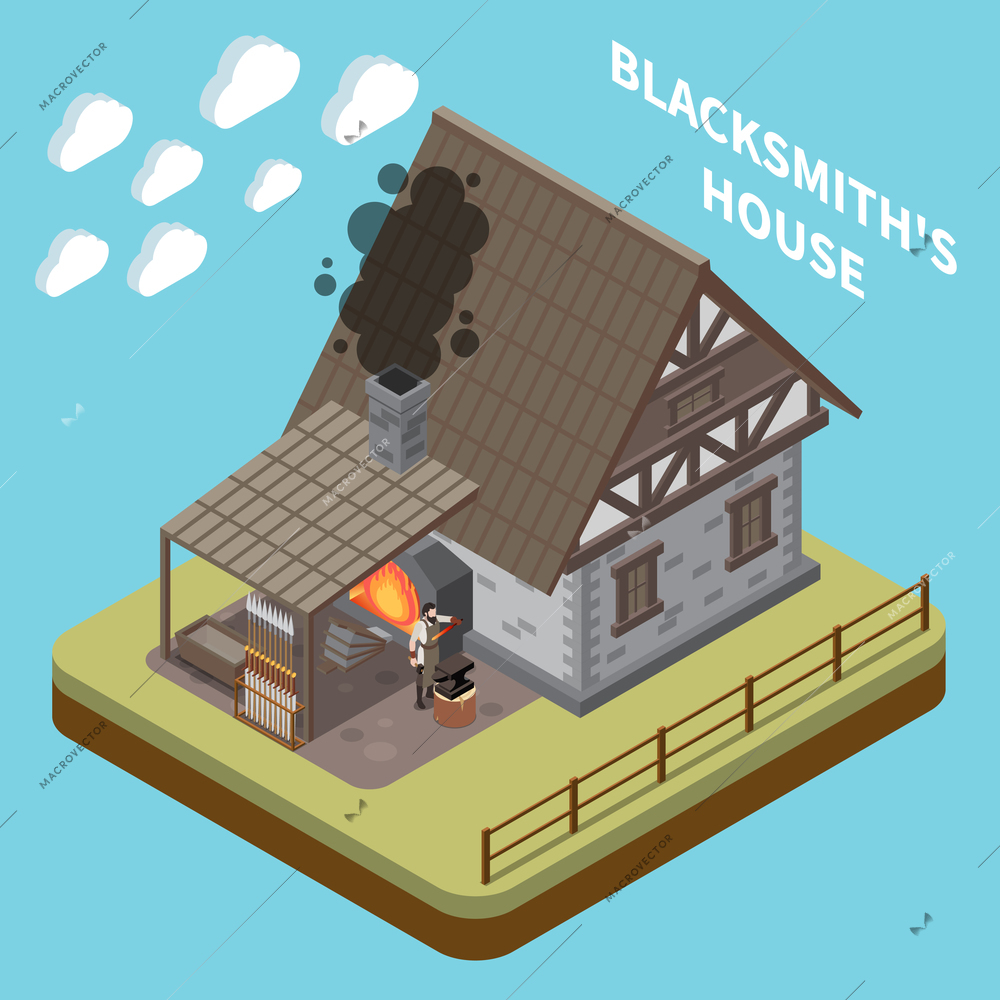 Medieval house isometric concept with blacksmith symbols isometric vector illustration