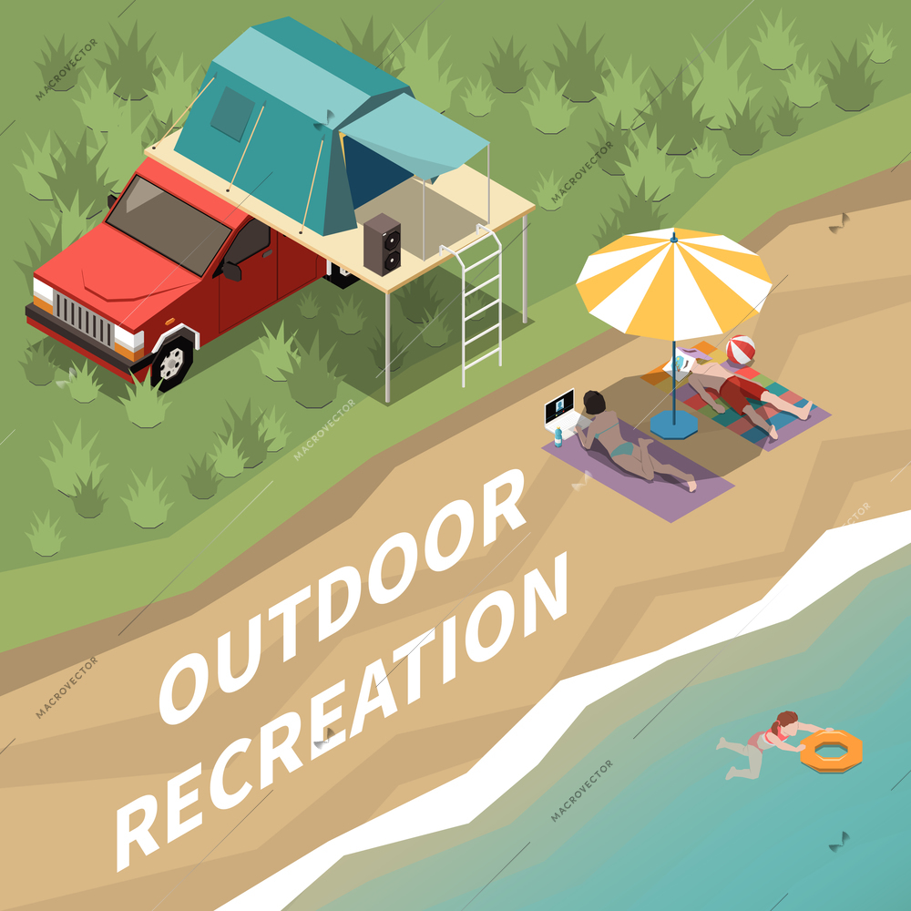 Camping trailer concept with outdoor recreation symbols isometric vector illustration