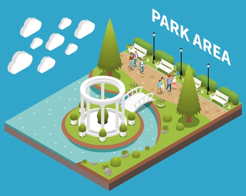 Park landscape design concept with park area isometric vector illustration