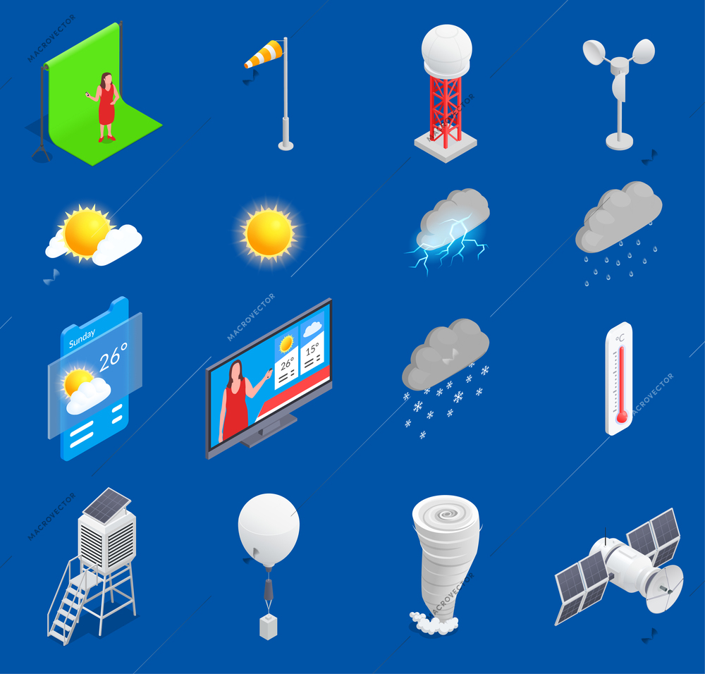 Meteorology isometric set with 3d icons of meteorological equipment weather forecast on tv on blue background isolated vector illustration