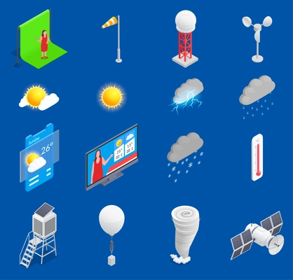 Meteorology isometric set with 3d icons of meteorological equipment weather forecast on tv on blue background isolated vector illustration