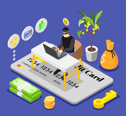 Banks scammers isometric background with composition of pictograms cash key and hacker at table with laptop vector illustration