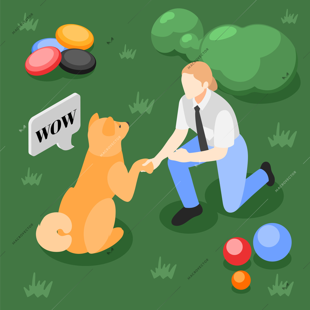 Dog school isometric background with glass lawn scenery and dog shaking human hand with thought bubble vector illustration