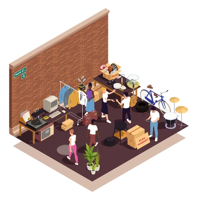 Flea market and garage sale isometric composition with customers buying retro goods vector illustration