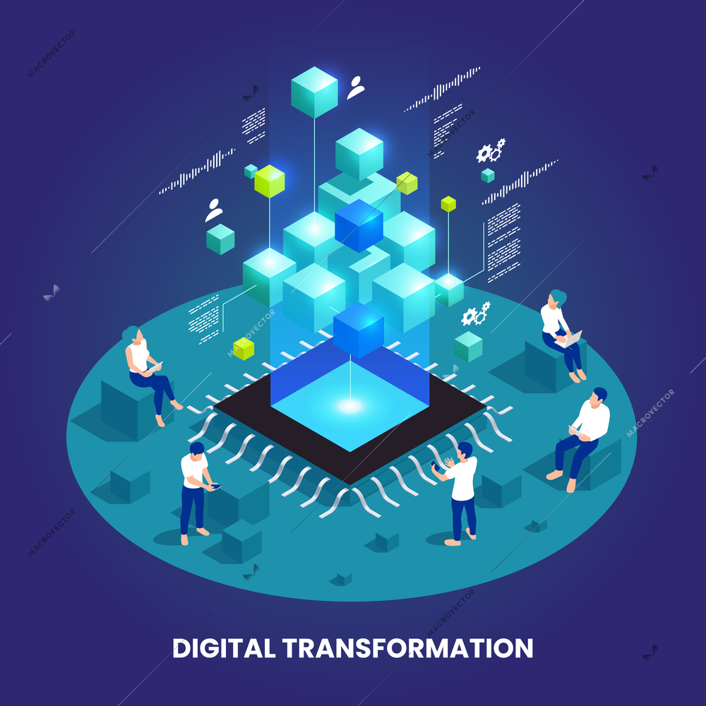 Digital transformation and digitalization isometric composition with microchip and abstract computer symbols vector illustration