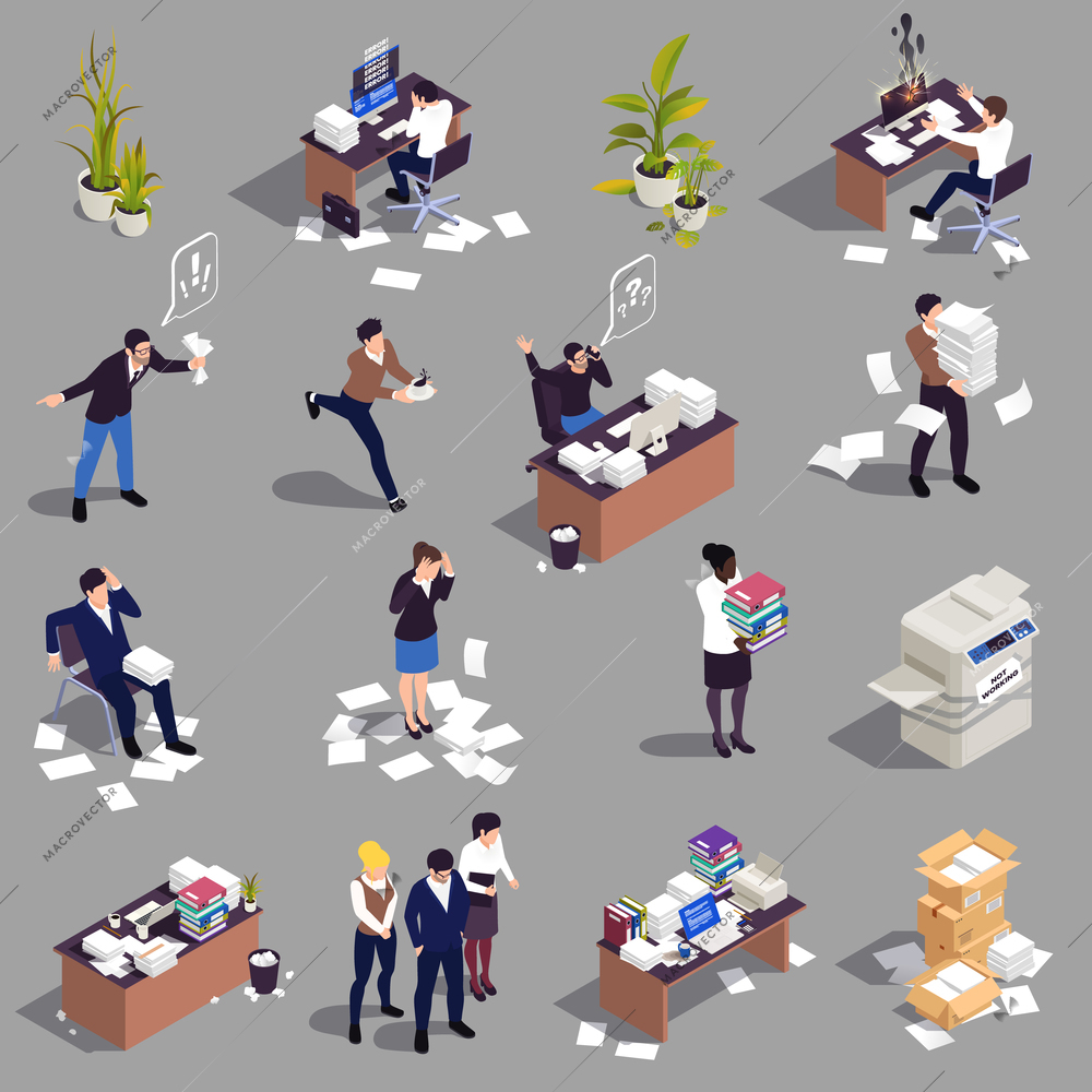 Disorganized chaotic office work isometric set with stressed business people isolated vector ilustration