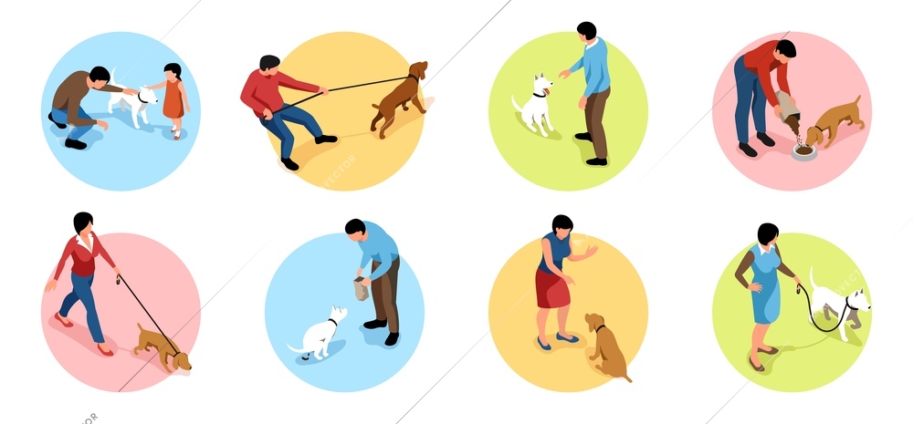 Dog owner round compositions set with daily life symbols isometric isolated vector illustration