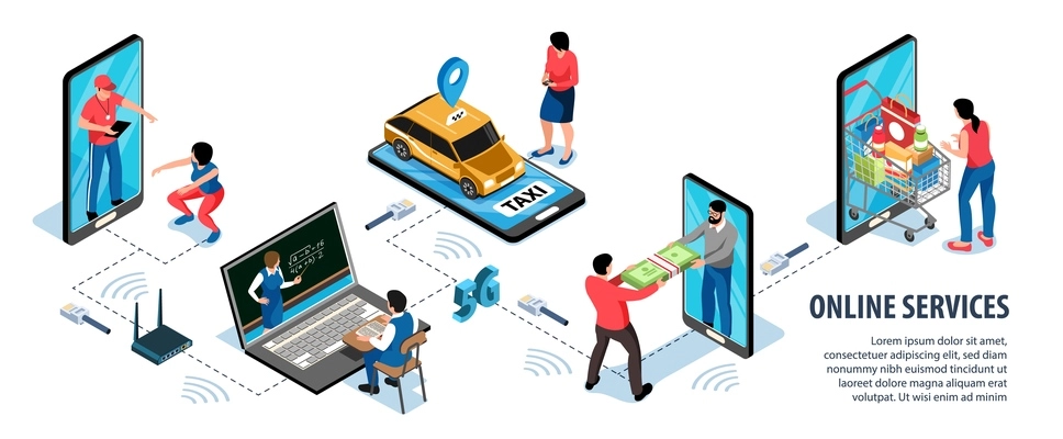 Online service infographic set with workout and payment symbols isometric  vector illustration