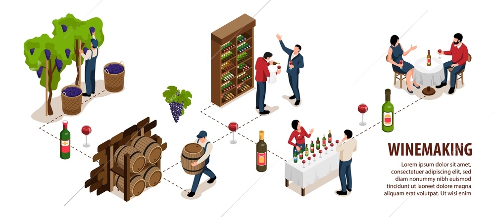 Wine isometric infographic set with wine manufacture and tasting symbols vector illustration