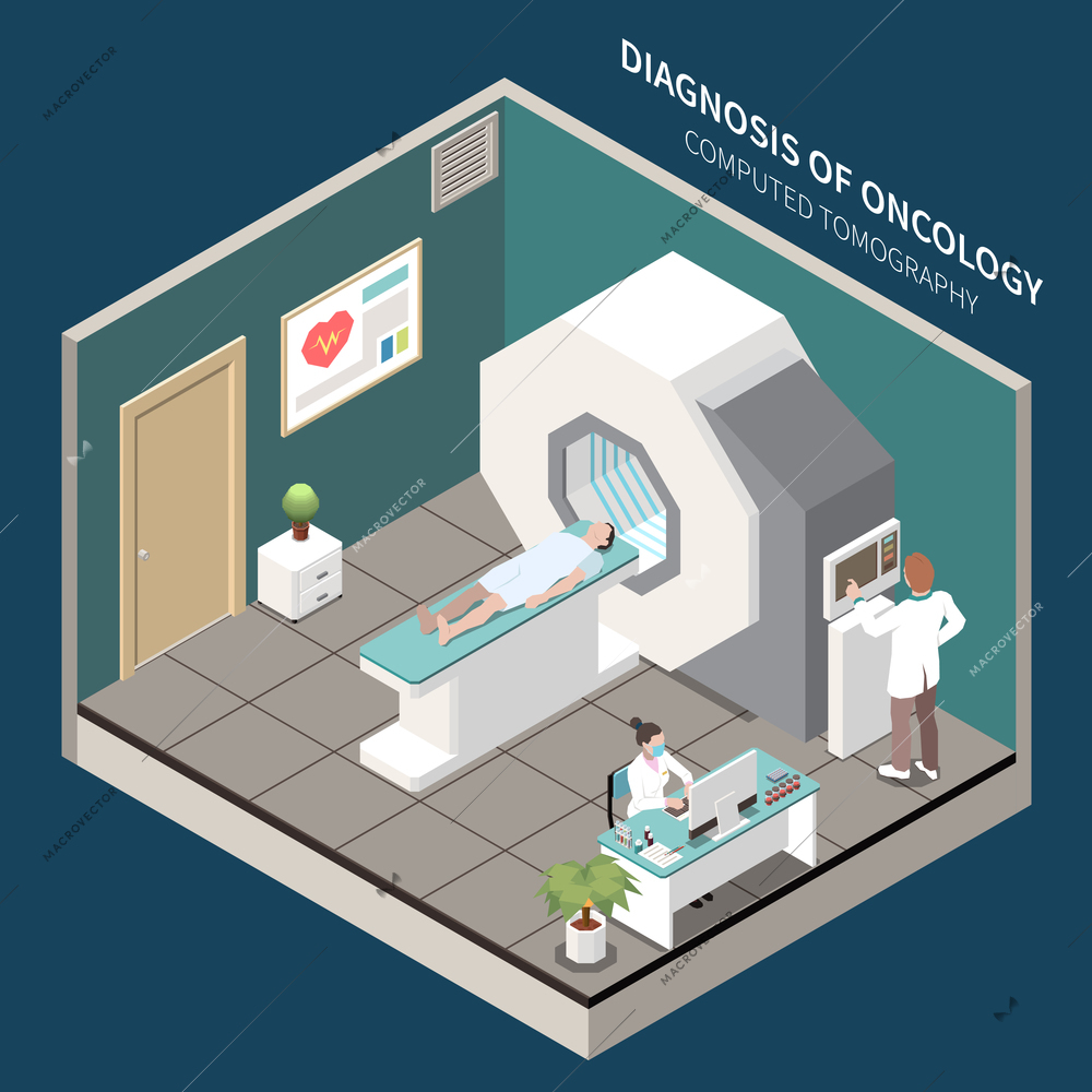 Diagnosis of oncology cancer diagnostics isometric composition with patient during computer tomography test 3d vector illustration