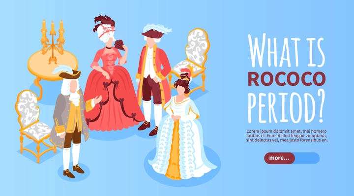 Rococo period horizontal banner with lady and cavalier characters in vintage suits representing aristocratic society of 18th century isometric vector illustration