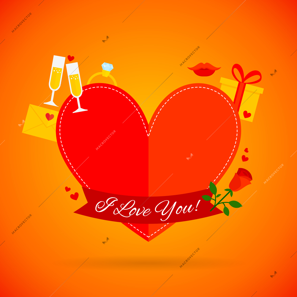 Romantic love greeting card with red heart and decor elements vector illustration