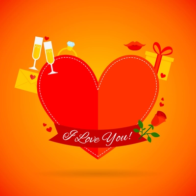 Romantic love greeting card with red heart and decor elements vector illustration