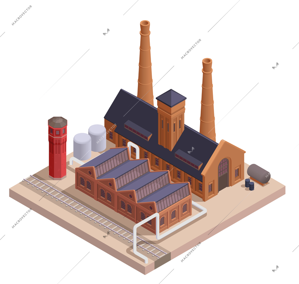 Isometric retro factory building with hangar and railway vector illustration