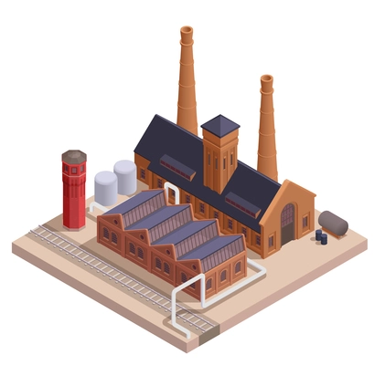 Isometric retro factory building with hangar and railway vector illustration