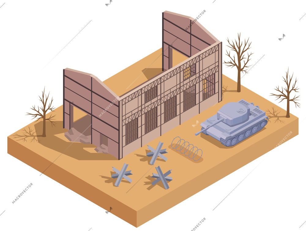 Ruined destroyed city building with tank isometric vector illustration