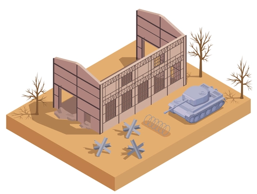 Ruined destroyed city building with tank isometric vector illustration