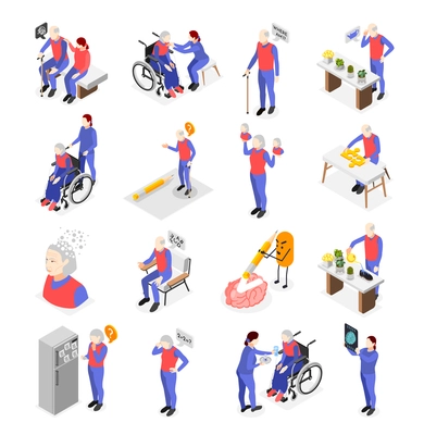 Old people with dementia symptoms isometric set with human characters of senior patients and medical staff 3d isolated vector illustration