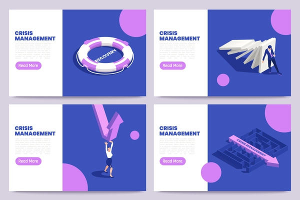 Crisis management isometric concept set with abstract business symbols isolated vector illustration