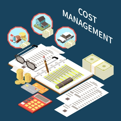 Cost management budget planning for meals home car other expenses isometric composition with planner calculator money receipts 3d vector illustration