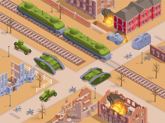 First world war military vehicles in ruined city isometric vector illustration