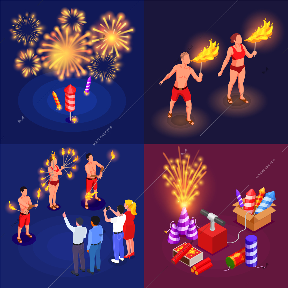 Fireworks  party fire show and pyrotechnics 2x2 isometric compositions set isolated vector illustration