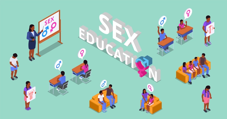 Sex education isometric icons set with gender symbols and people discussing sexual issues isolated vector illustration
