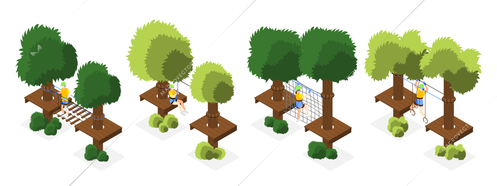 Adventure park isometric set of rope ladder zip line and other obstructions with nature elements isolated vector illustration