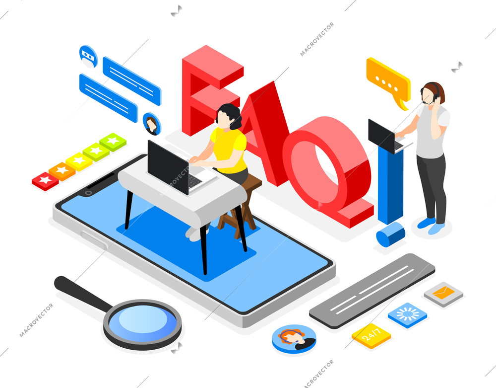 Obtaining useful information isometric composition for frequently asked questions page template vector illustration