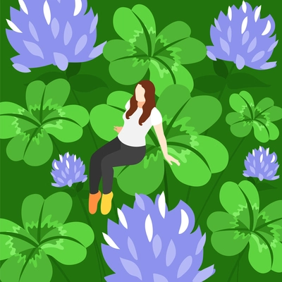 Lucky symbols floral background with young woman little character sitting on big image of four leaf clover vector illustration