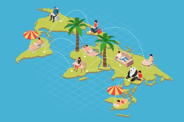 Digital nomads isometric composition with flat world map with working freelancer characters connected via dashed lines vector illustration