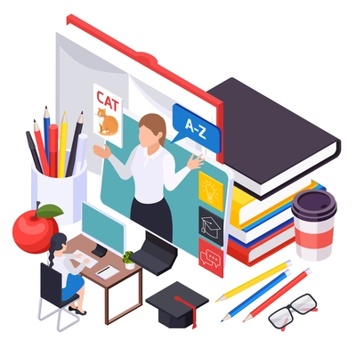 Online school education design concept with schoolgirl sitting at desk and listening lesson of teacher on screen isometric vector illustration