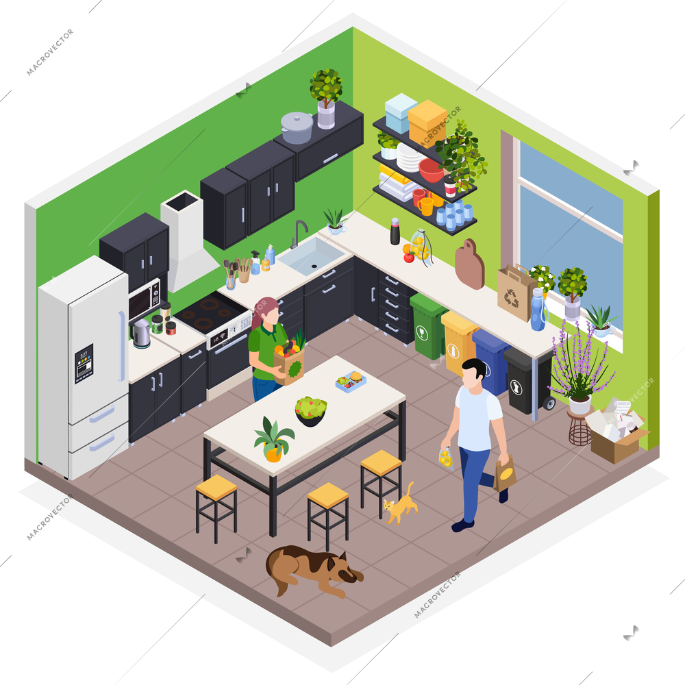 Family adhering to theory of sustainable living zero waste in home kitchen interior isometric vector illustration