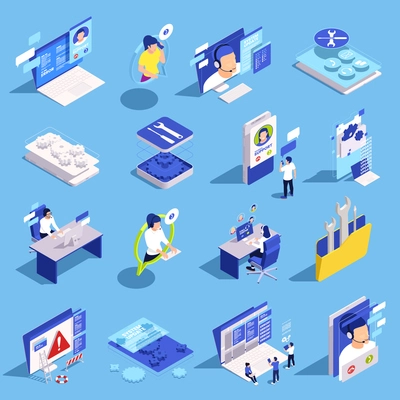 Online technical support call centre customer assistance isometric 3d icons set isolated on blue background vector illustration