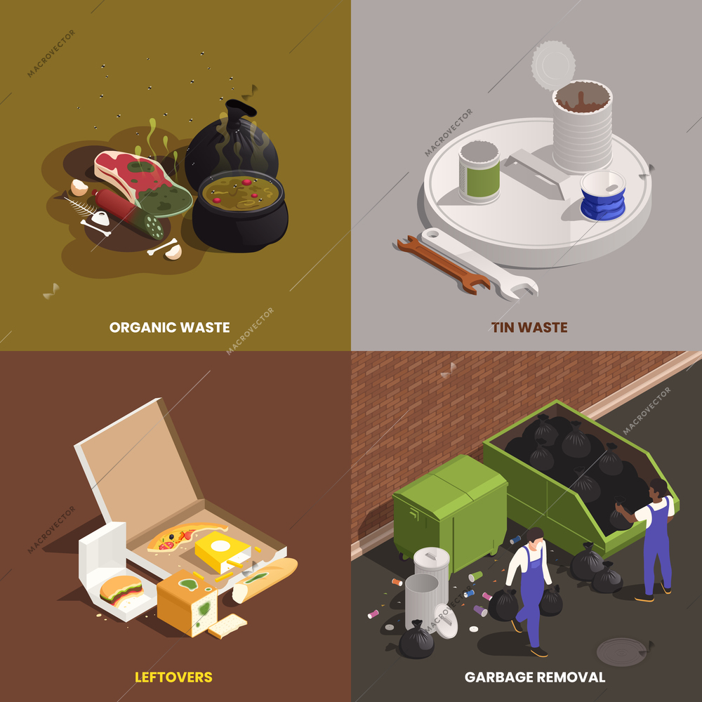 Isometric 2x2 design concept with organic tin waste leftovers and municipal service workers removing garbage 3d isolated vector illustration