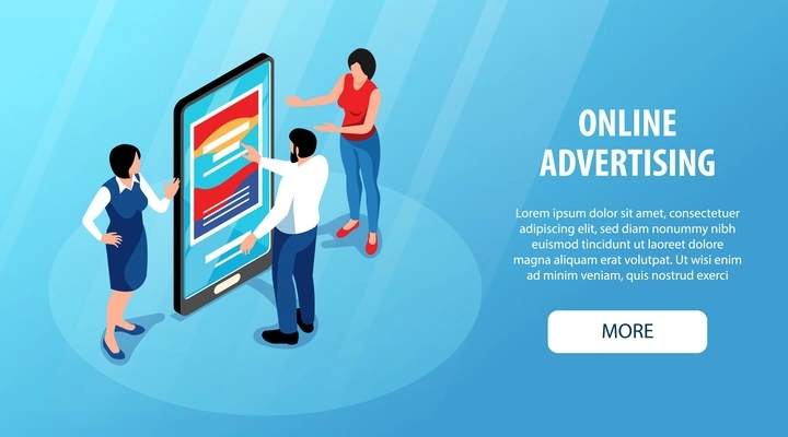 Isometric advertising agency horizontal banner with human characters near smartphone editable text and clickable more button vector illustration