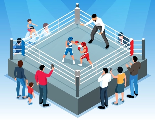 Isometric children boxing composition with view of boys fighting on boxing ring surrounded by adult supporters vector illustration